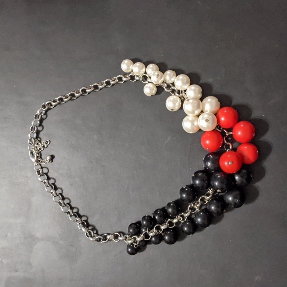 SILVER Tone Red Black White Bauble Beaded Statement Necklace